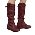 thumbnail image 1 of Rokment Womens Slouchy Wide Calf Knee High Boots with No Heel Fashion Casual Leather Buckles Winter Spring Long Tall Dress Boots Wine Size 6, 1 of 6