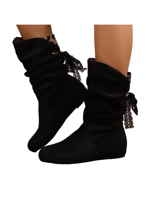 Womens Slouchy Wide Mid Calf Flat Boots Black Suede Leopard Patchwork Fashion Back Lace Strappy No Heels Dress Booties Spring Fall Winter