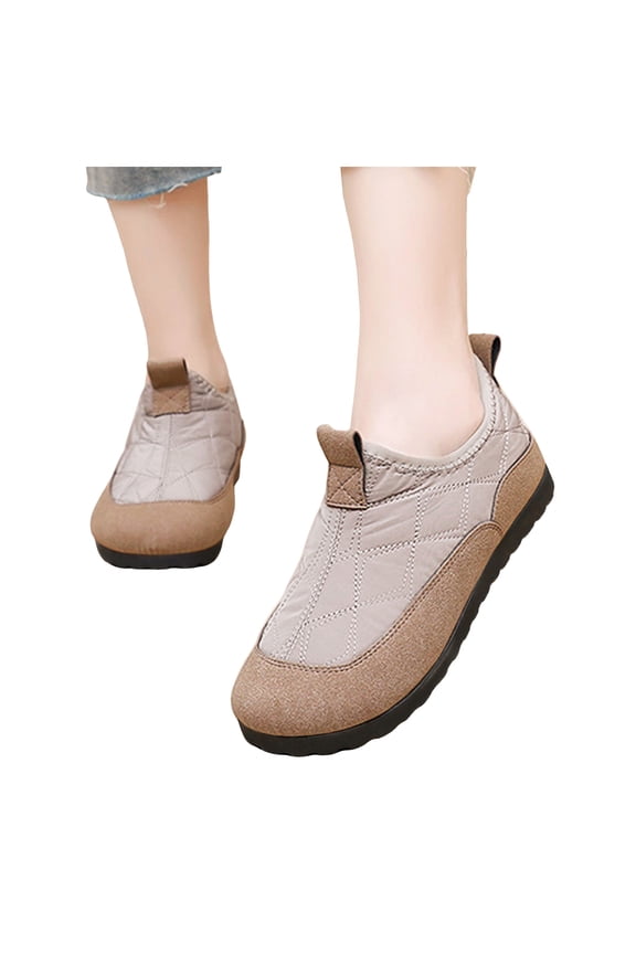 Womens Snow Boots with Fleece Lined 2025 Comfortable Fashion Quilted Suede Patchwork Slip on Walking Flat Winter Ankle Booties