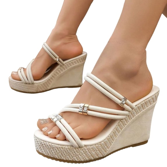 Rokment Womens Sparkling Rhinestones Wedge Heels Slides Sandals with Convertible Back Strap Stylish Simple Espadrilles Platform Chunky Heeled Slip on Dressy Slippers for Ladies White Size 9.5