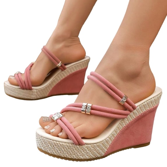 Rokment Womens Sparkling Rhinestones Wedge Heels Slides Sandals with Convertible Back Strap Stylish Simple Espadrilles Platform Chunky Heeled Slip on Dressy Slippers for Ladies Red Size 9.5