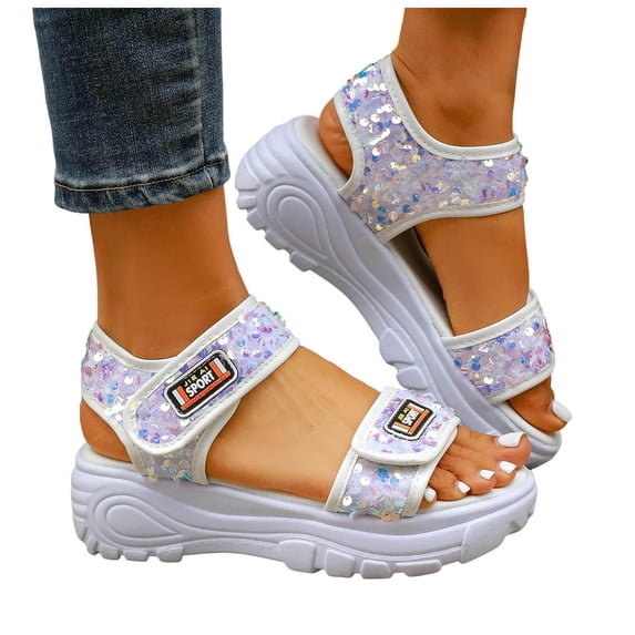 Rokment Womens Sparkling Sequin Height Increasing Athletic Walking Sandals Comfortable Adjustable Platform Chunky Heels Non Slip Work Nursing Tennis Summer Shoes White Size 7