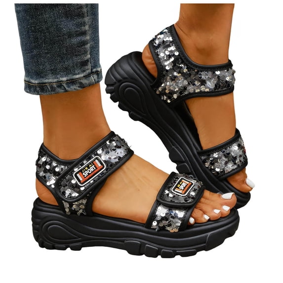 Rokment Womens Sparkling Sequin Height Increasing Athletic Walking Sandals Comfortable Adjustable Platform Chunky Heels Non Slip Work Nursing Tennis Summer Shoes Black Size 6