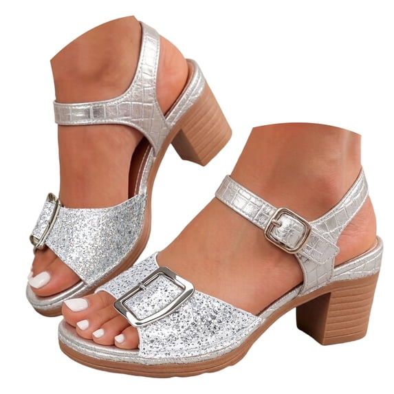 Rokment Womens Sparkly Metallic Buckles High Heels Platform Dressy Sandals Ladies Fashion Casual Leather Open Toe Ankle Strap Chunky Heeled Summer Dress Shoes Silver Size 8.5