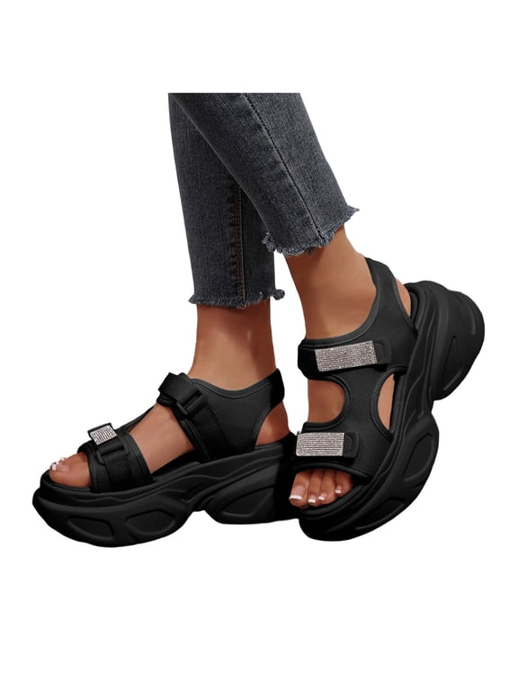 Womens Sparkly Rhinestones Chunky Wedge Walking Sandals Trendy Casual Comfortable Leather Adjustable Open Toe Ankle Strap Non Slip Platform Work Beach Summer Shoes Black Size 8.5
