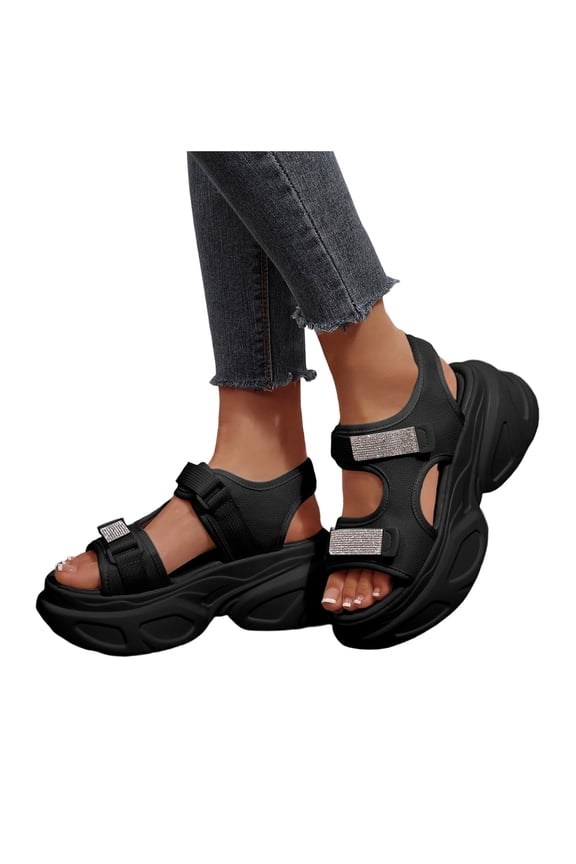 Womens Sparkly Rhinestones Chunky Wedge Walking Sandals Trendy Casual Comfortable Leather Adjustable Open Toe Ankle Strap Non Slip Platform Work Beach Summer Shoes Black Size 9