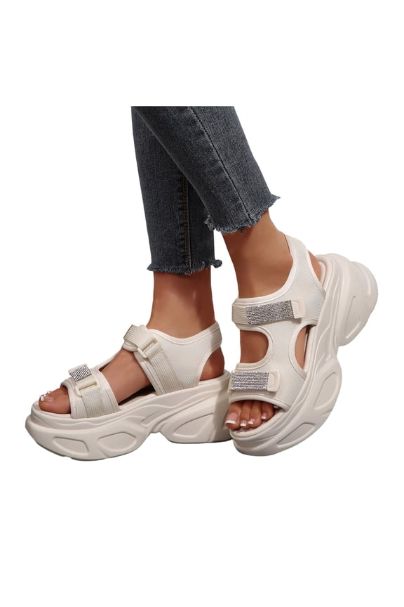Womens Sparkly Rhinestones Chunky Wedge Walking Sandals Trendy Casual Comfortable Leather Adjustable Open Toe Ankle Strap Non Slip Platform Work Beach Summer Shoes White Size 9