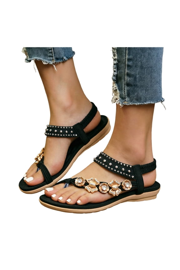 Womens Sparkly Rhinestones Flower Bow Beaded Orthopedic Sandals with Arch Support Comfortable Ortho Low Heels Slingback Dressy Flip Flops Beach Summer Casual Shoes Black Size 6