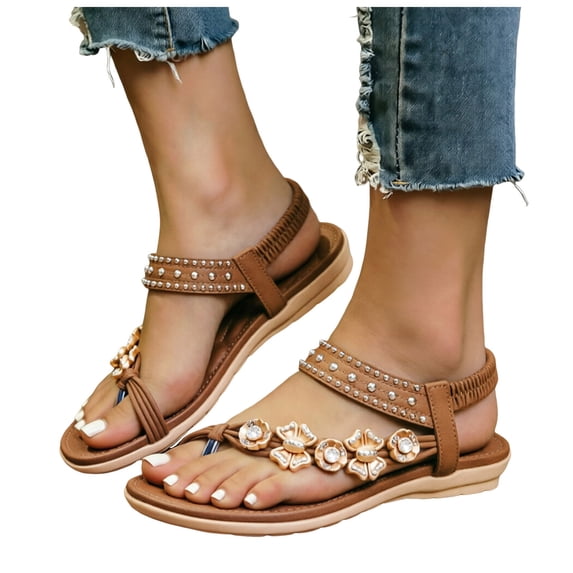 Rokment Womens Sparkly Rhinestones Flower Bow Beaded Orthopedic Sandals with Arch Support Comfortable Ortho Low Heels Slingback Dressy Flip Flops Beach Summer Casual Shoes Brown Size 9.5