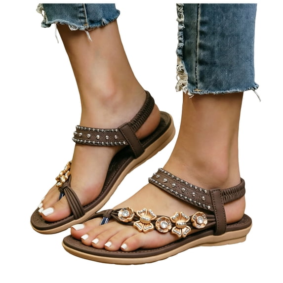 Rokment Womens Sparkly Rhinestones Flower Bow Beaded Orthopedic Sandals with Arch Support Comfortable Ortho Low Heels Slingback Dressy Flip Flops Beach Summer Casual Shoes Coffee Size 7