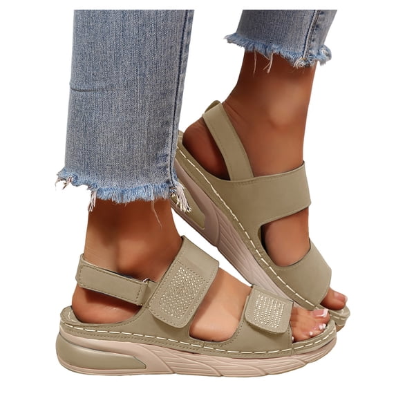 Rokment Womens Sparkly Rhinestones Ortho Walking Sandals with Arch Support Comfortable Fashion Casual Leather Memory Foam Platform Wedge Slingback Dressy Non Slip Work Summer Shoes Khaki Size 8