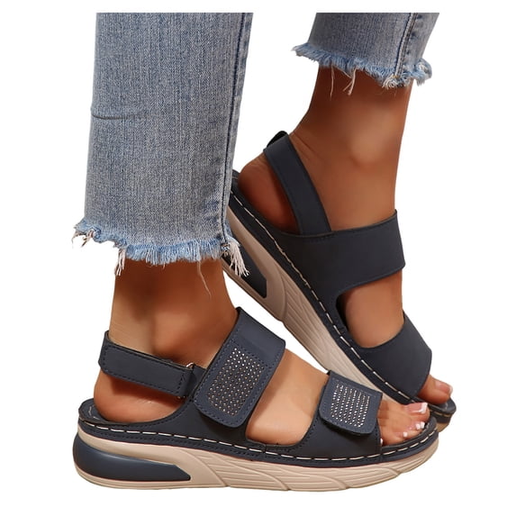 Rokment Womens Sparkly Rhinestones Ortho Walking Sandals with Arch Support Comfortable Fashion Casual Leather Memory Foam Platform Wedge Slingback Dressy Non Slip Work Summer Shoes Blue Size 6