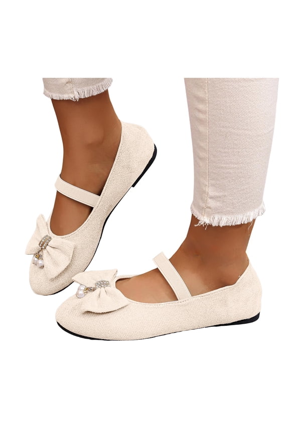Womens Sparkly Rhinestones Pearl Bow Ballet Flat Bride Casual Round Toe Slip on Ballerina Dance Shoes Elegant Walking Dress Loafers for Wedding