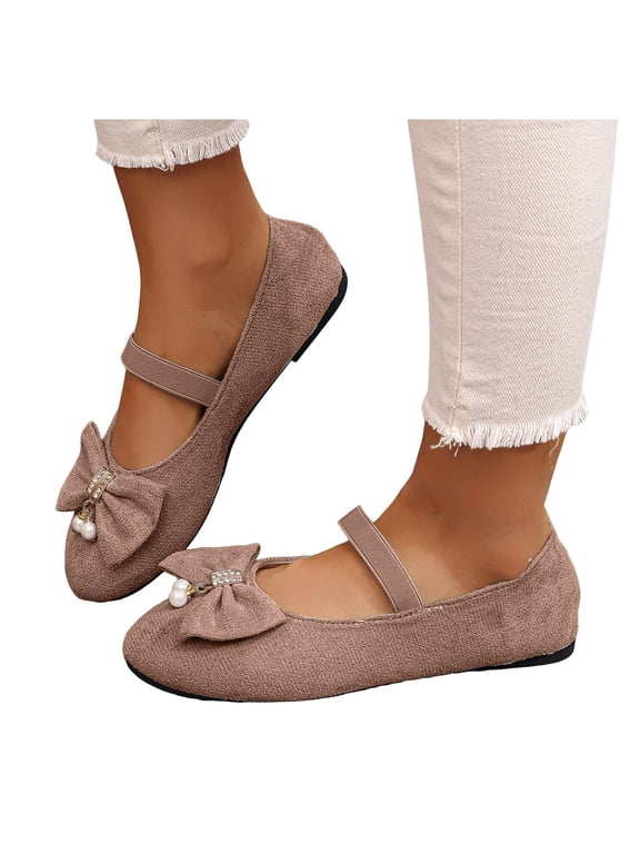 Womens Sparkly Rhinestones Pearl Bow Ballet Flat Bride Casual Round Toe Slip on Ballerina Dance Shoes Elegant Walking Dress Loafers for Wedding