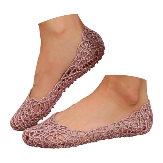 Rokment Womens Sparkly Sequin Hollow out Jelly Ballet Flat Dress Shoes Summer Fall Casual Comfortable Pointed Toe Slip on Loafers Walking Dressy Sandals Pink Size 9