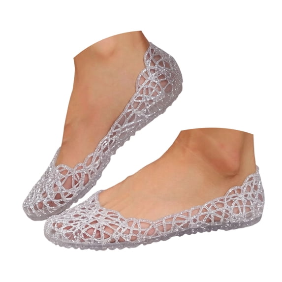 Rokment Womens Sparkly Sequin Hollow out Jelly Ballet Flat Dress Shoes Summer Fall Casual Comfortable Pointed Toe Slip on Loafers Walking Dressy Sandals Silver Size 9