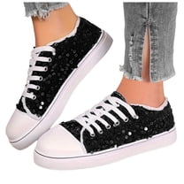 Rokment Womens Sparkly Sequin Low Top Fashion Sneakers 2026 Spring Fall Glitter Walking Flat Casual Canvas Performance Tennis Shoes Black Size 6.5