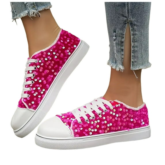 Rokment Womens Sparkly Sequin Low Top Fashion Sneakers 2026 Spring Fall Glitter Walking Flat Casual Canvas Performance Tennis Shoes Hot Pink Size 8.5