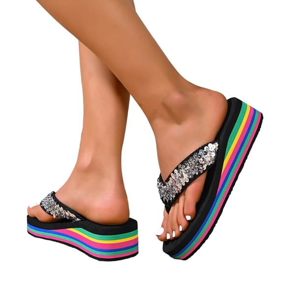 Rokment Womens Sparkly Sequin Platform Wedge Flip Flops Beach Summer Colorful Lightweight Comfortable Memory Foam Walking Slip on Thong Sandals Vacation Casual Dress Slides Silver Size 8