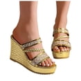thumbnail image 1 of Rokment Womens Sparkly Sequin Wedge High Heels Slides Sandals Bride Wedding Bling Leather Braided Band Open Toe Platform Chunky Slip on Heeled Summer Dressy Shoes for Ladies Gold Size 8.5, 1 of 7