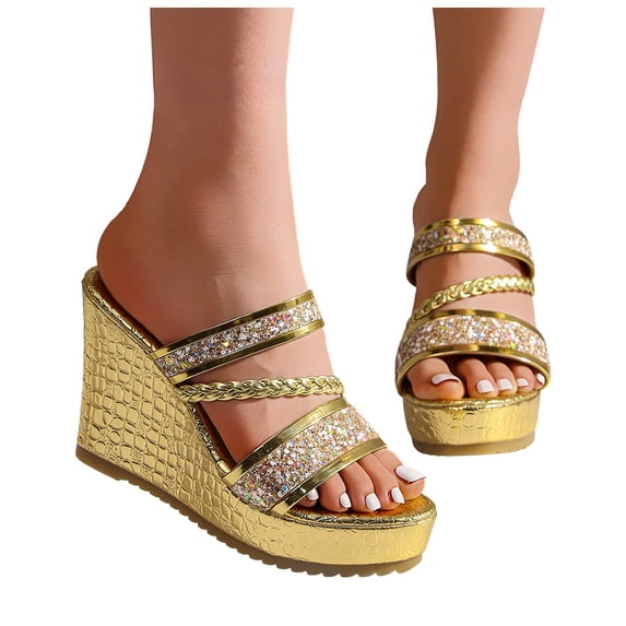 Rokment Womens Sparkly Sequin Wedge High Heels Slides Sandals Bride Wedding Bling Leather Braided Band Open Toe Platform Chunky Slip on Heeled Summer Dressy Shoes for Ladies Gold Size 8.5
