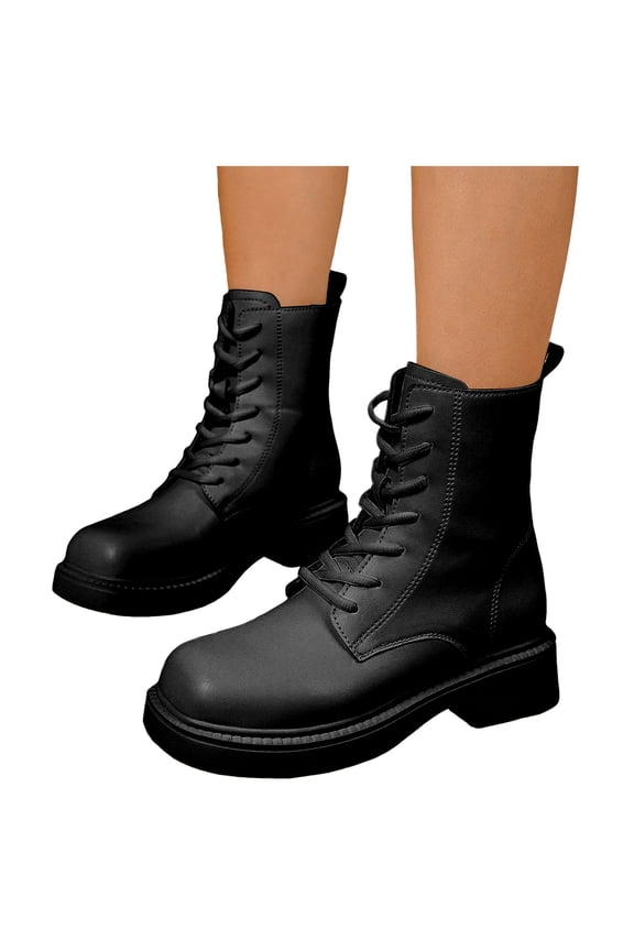 Womens Square Toe Combat Boots Fall Winter Vintage Classic Leather Lace up Platform Chunky Lug Sole Mid Calf Riding Short Booties Black Size 8