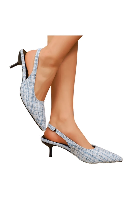 Womens Stiletto High Heels Dressy Shoes for Ladies Bridal Wedding Stylish Plaid Pointed Toe Kitten Heeled Slingback Dress Sandals Spring Summer Blue Size 9.5