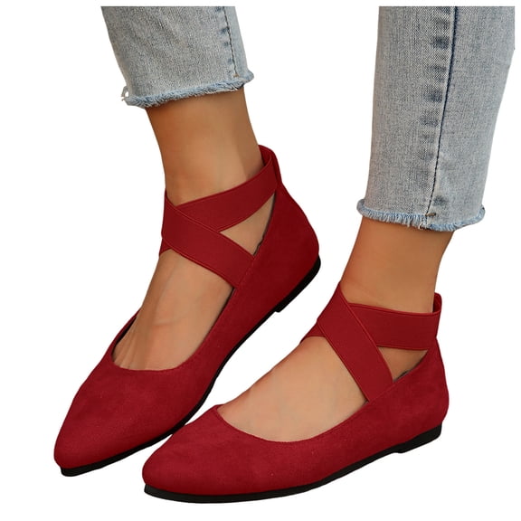 Rokment Womens Strappy Ballet Flat Dress Shoes 2026 Spring Fall Suede Fashion Casual Pointed Toe Bridal Low Heels Walking Loafers for Bride Wedding Red Size 8