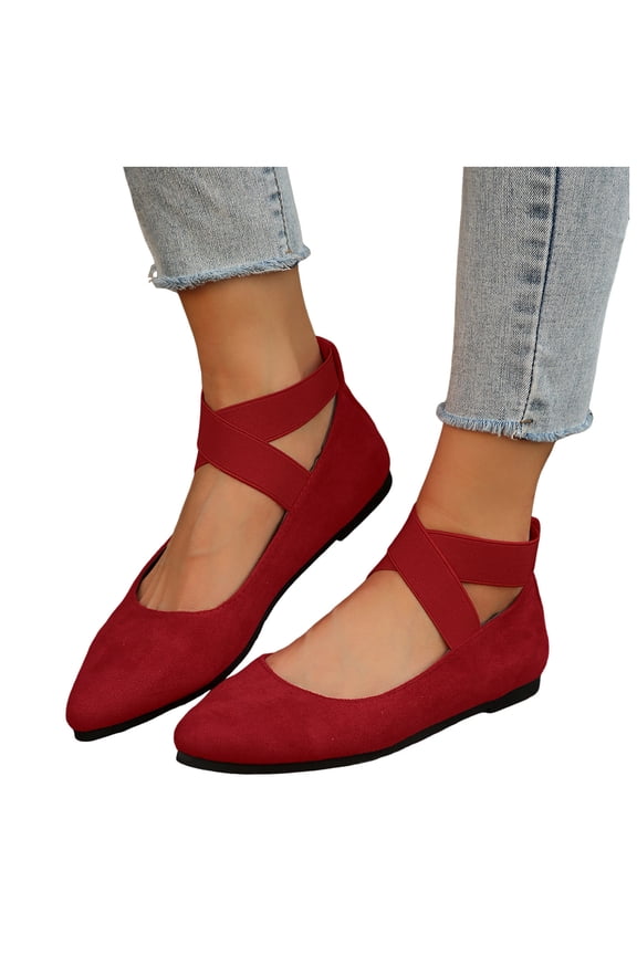 Womens Strappy Ballet Flat Dress Shoes 2026 Spring Fall Suede Fashion Casual Pointed Toe Bridal Low Heels Walking Loafers for Bride Wedding Red Size 9
