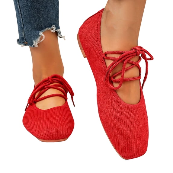 Rokment Womens Strappy Ballet Flat Stylish Casual Comfortable Knit Square Toe Low Heel Slip on Walking Loafers Mary Jane Dressy Shoes Fall Red Size 8.5
