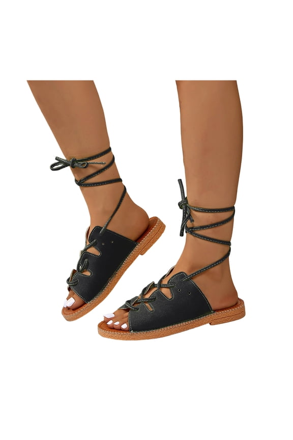 Womens Strappy Mules Gladiator Sandals Roman Beach Vintage Suede Peep Toe Lace up Fisherman Flat Casual Comfortable Dress Slides Backless Slip on Black Size 7.5