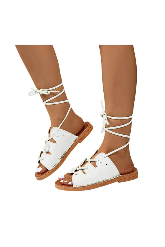 Womens Strappy Mules Gladiator Sandals Roman Beach Vintage Suede Peep Toe Lace up Fisherman Flat Casual Comfortable Dress Slides Backless Slip on White Size 7