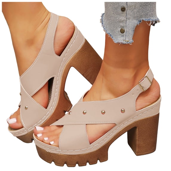 Rokment Womens Studded Platform Chunky High Heels Dress Sandals for Ladies 2026 Summer Trendy Leather Crooss-Band Open Toe Heeled Slingback Sandals Beige Size 6.5