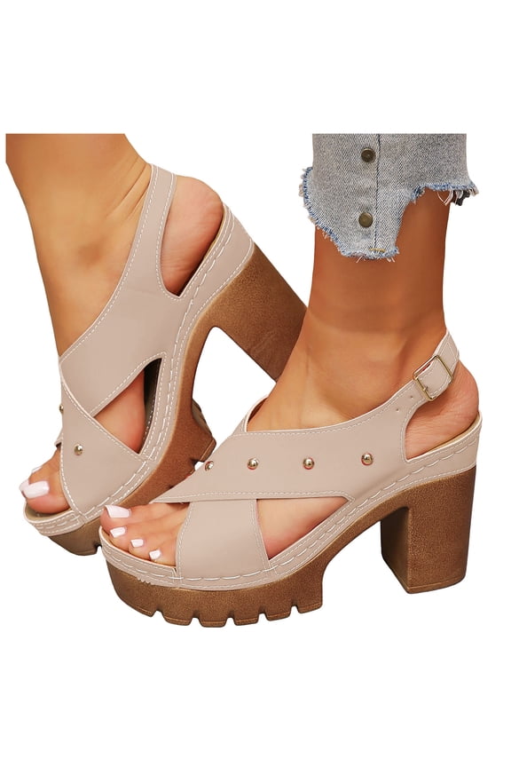 Womens Studded Platform Chunky High Heels Dress Sandals for Ladies 2026 Summer Trendy Leather Crooss-Band Open Toe Heeled Slingback Sandals Beige Size 9