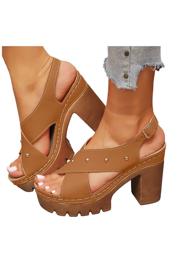 Womens Studded Platform Chunky High Heels Dress Sandals for Ladies 2026 Summer Trendy Leather Crooss-Band Open Toe Heeled Slingback Sandals Brown Size 9.5