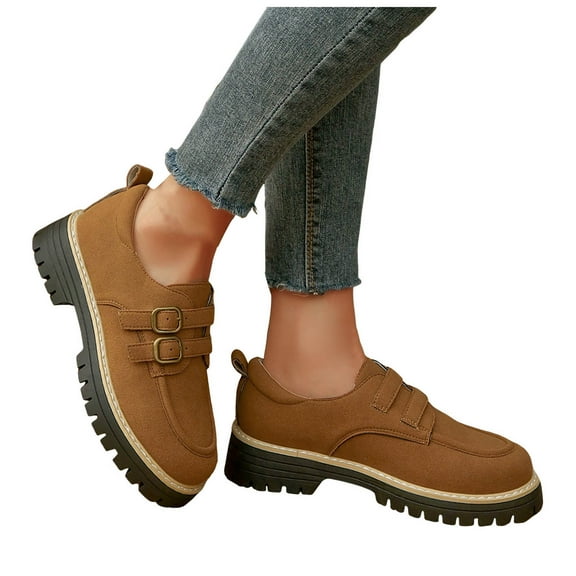 Rokment Womens Suede Buckles Platform Slip on Penny Loafers Walking Shoes 2026 Fashion Casual Chunky Heels Oxfords Dress Shoes Brown Size 8