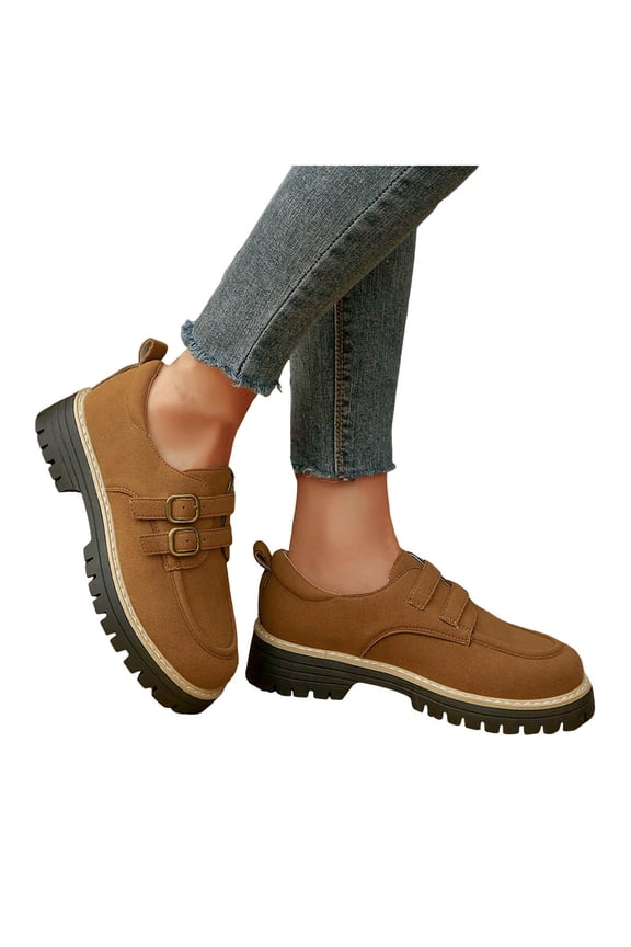 Womens Suede Buckles Platform Slip on Penny Loafers Walking Shoes 2026 Fashion Casual Chunky Heels Oxfords Dress Shoes Brown Size 8