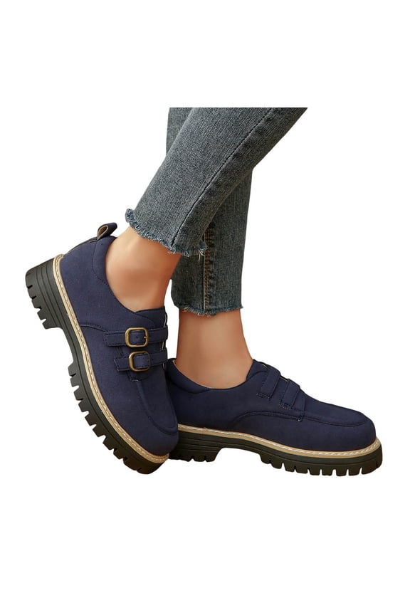 Womens Suede Buckles Platform Slip on Penny Loafers Walking Shoes 2026 Fashion Casual Chunky Heels Oxfords Dress Shoes Blue Size 6