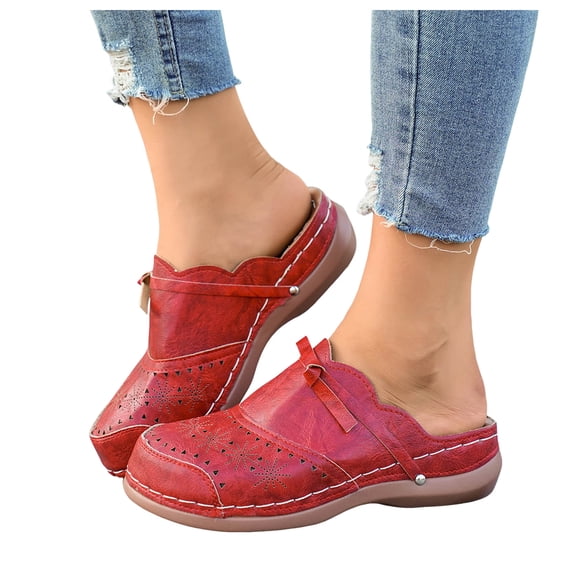 Rokment Womens Vintage Bow Platform Wedge Clogs and Mules Sandals 2026 Spring Summer Beach Vacation Casual Leather Wide Width Closed Toe Backless Orthopedic Dress Slip on Slippers Red Size 8.5