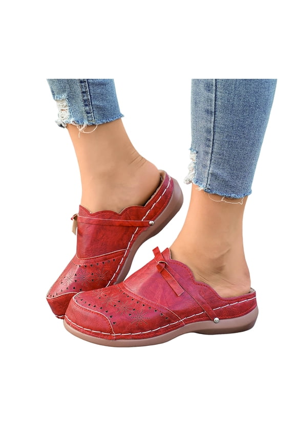 Womens Vintage Bow Platform Wedge Clogs and Mules Sandals 2026 Spring Summer Beach Vacation Casual Leather Wide Width Closed Toe Backless Orthopedic Dress Slip on Slippers Red Size 6.5