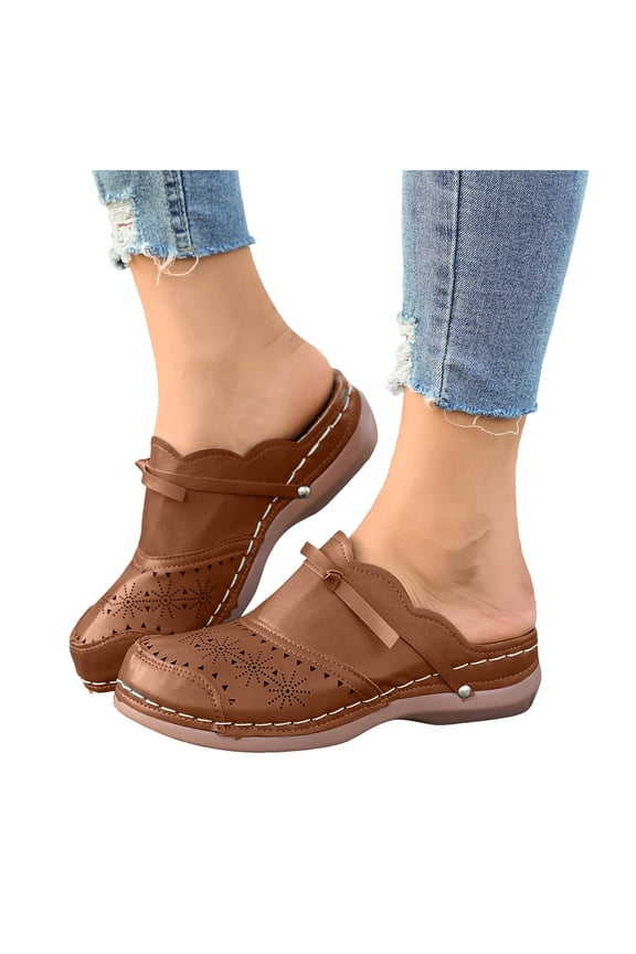 Womens Vintage Bow Platform Wedge Clogs and Mules Sandals 2026 Spring Summer Beach Vacation Casual Leather Wide Width Closed Toe Backless Orthopedic Dress Slip on Slippers Brown Size 8.5