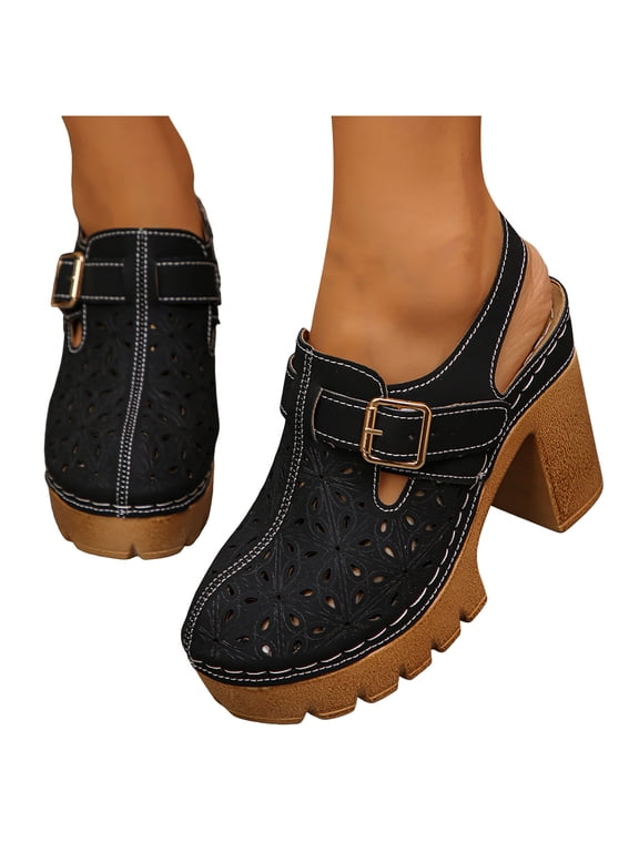 Womens Vintage Clogs Dress Sandals 2026 Spring Summer Casual Leather Hollow out Buckles Closed Toe Platform Chunky Block High Heels Slingback Pumps Black Size 7