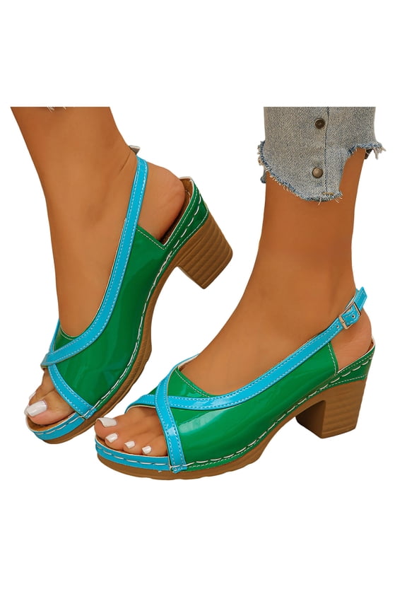 Womens Vintage Color Block Dressy Sandals Retro Casual Leather Peep Toe Platform Chunky Stackable High Heels Slingback Dress Shoes for Ladies Green Size 9.5