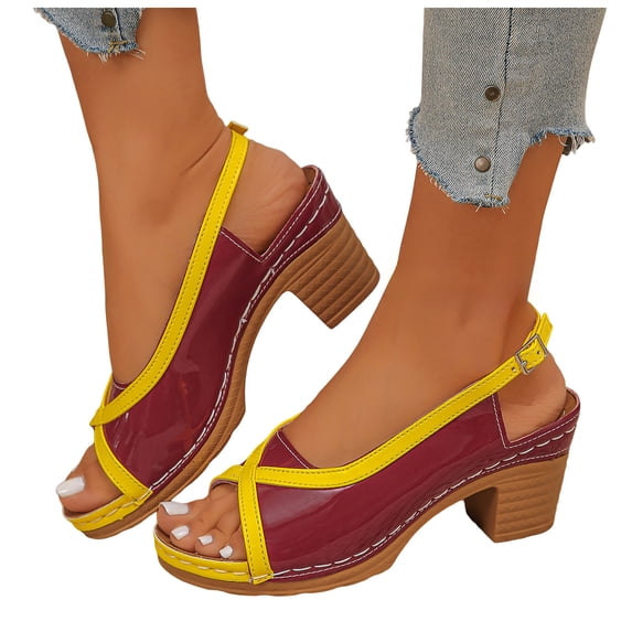Rokment Womens Vintage Color Block Dressy Sandals Retro Casual Leather Peep Toe Platform Chunky Stackable High Heels Slingback Dress Shoes for Ladies Red Size 6.5