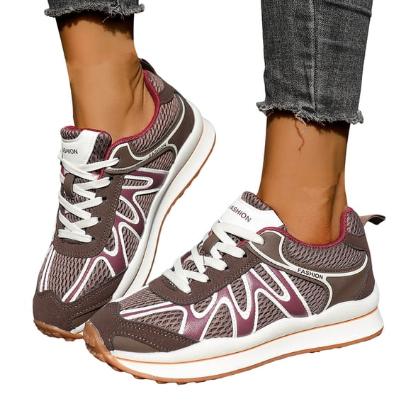 Rokment Womens Vintage Color Block Running Tennis Walking Shoes Fashion Sneakers Comfortable Breathable Mesh Memory Foam Basketball Volleyball Training Workout Fitness Skate Shoes Brown Size 6.5