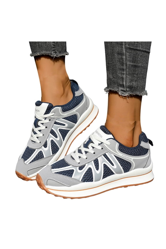 Womens Vintage Color Block Running Tennis Walking Shoes Fashion Sneakers Comfortable Breathable Mesh Memory Foam Basketball Volleyball Training Workout Fitness Skate Shoes Blue Size 5.5