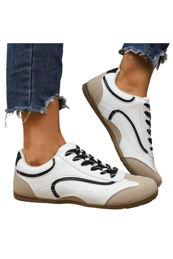 Womens Vintage Color Block Running Walking Shoes Skateboarding Fashion Sneakers Retro Suede Leather Patchwork Skate Flat Casual Tennis Shoes Beige Size 9.5