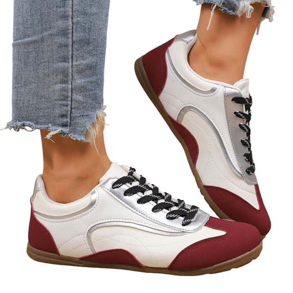 Rokment Womens Vintage Color Block Running Walking Shoes Skateboarding Fashion Sneakers Retro Suede Leather Patchwork Skate Flat Casual Tennis Shoes Red Size 7.5