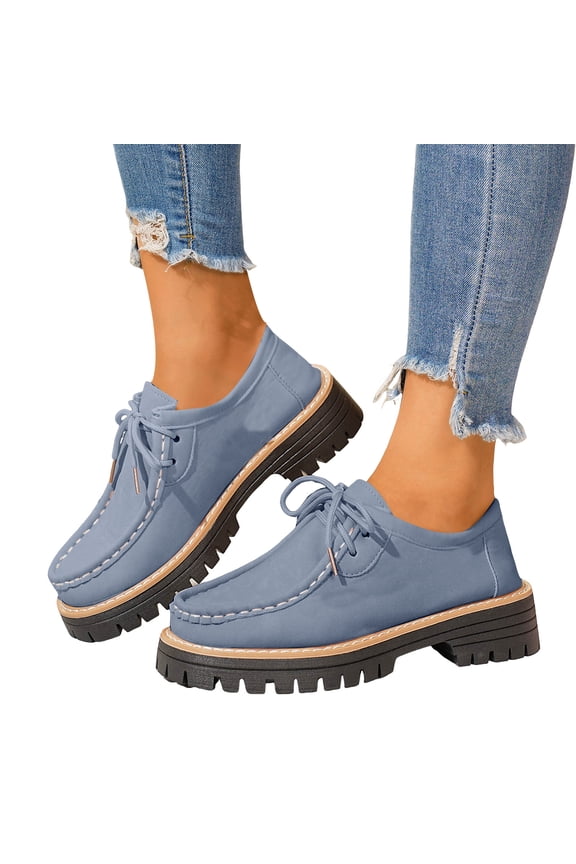 Womens Vintage Fashion Sneakers 2026 Spring Fall Suede Leather Lace up Chunky Mid Heel Casual Oxfords Dress Loafers Walking Shoes Blue Size 9