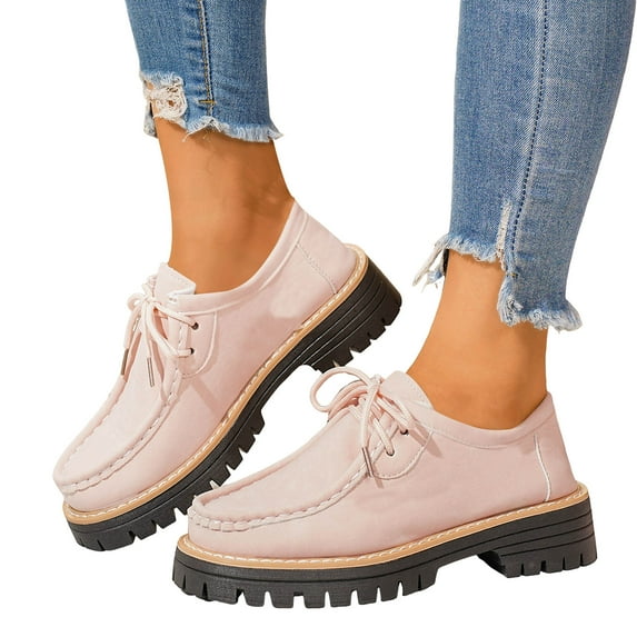 Rokment Womens Vintage Fashion Sneakers 2026 Spring Fall Suede Leather Lace up Chunky Mid Heel Casual Oxfords Dress Loafers Walking Shoes Light Pink Size 9